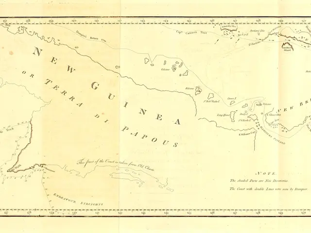 The image shows an old map of New Guinea and Papua New Guinea, with text written on it. The map is...