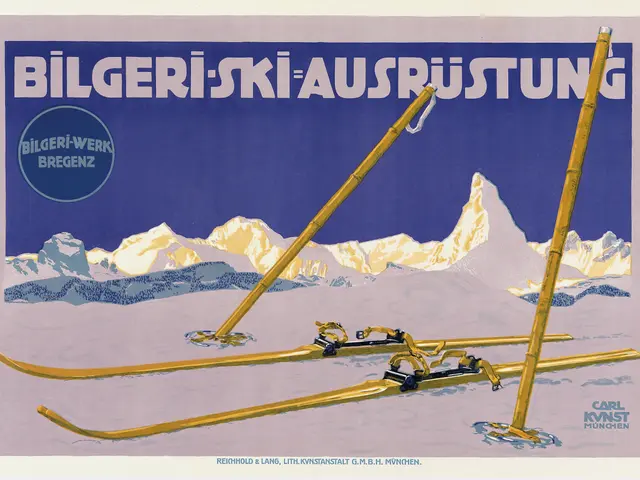 The image shows a poster advertising a ski resort in the Swiss Alps. It features a picture of a...