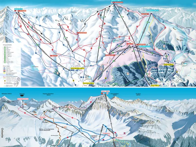 The image shows a poster of a ski resort in the French Alps, featuring a map of the ski area with...
