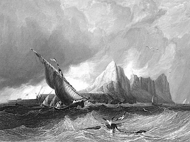 The image shows a black and white engraving of a boat in the ocean with mountains in the...