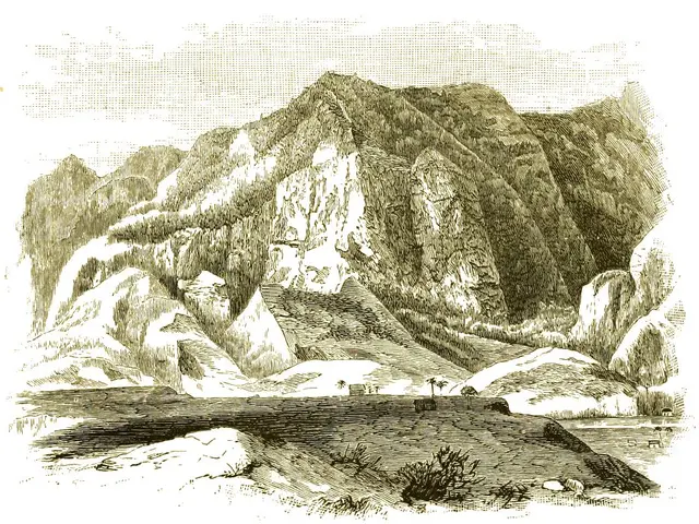 The image shows a black and white engraving of a mountain range with a lake in the foreground,...