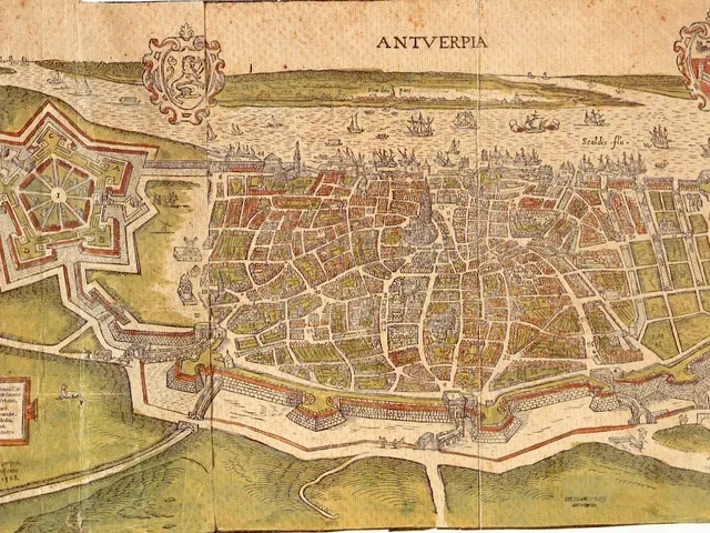 The image shows an old map of the city of Antwerp, Belgium, with text and logos on it. The map is...