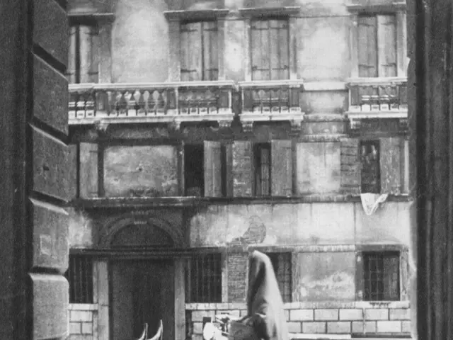 The image shows a woman walking down a street in Venice, Italy, with a building in the background...