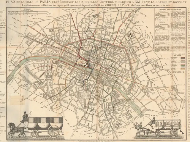 The image shows an old map of Paris, France, with a horse-drawn carriage in the center. The map is...