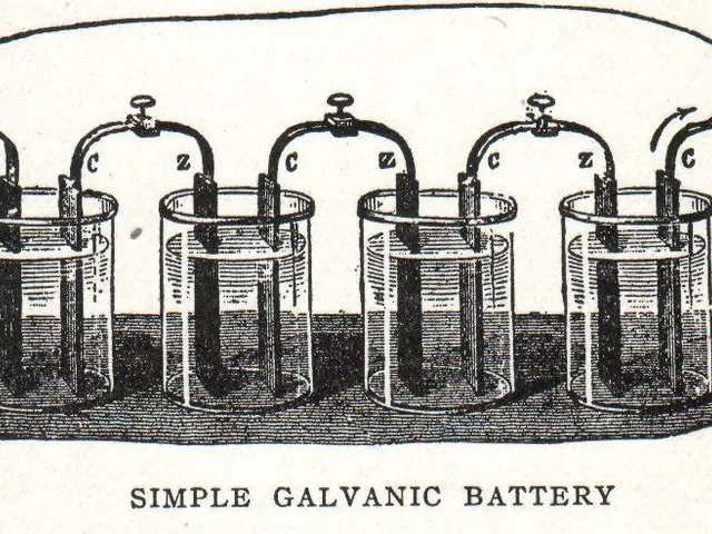The image shows a simple galvanic battery, consisting of several glass jars with text written on...