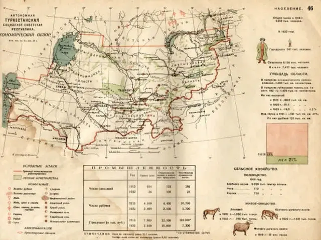 The image shows an old book with a map of the Russian Empire on it. The map is filled with text and...