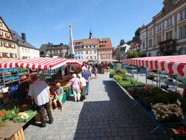 The image shows a bustling market in the old town of Heidelberg, Germany. There are many people...