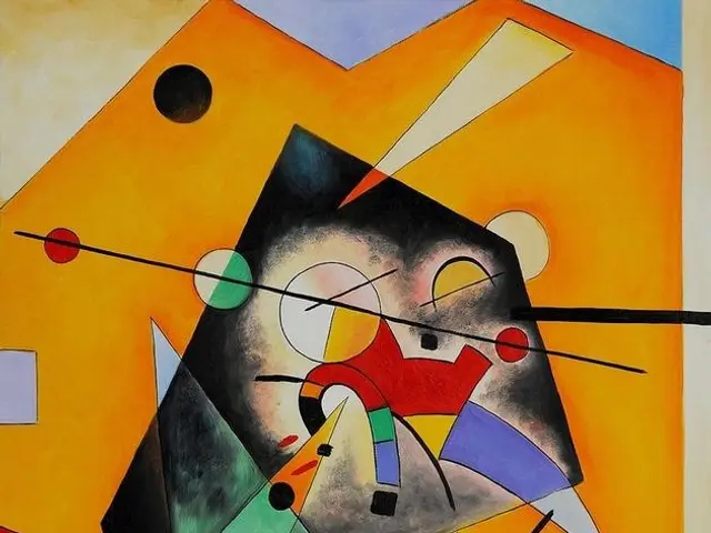 The image shows a painting by Wassily Kandinsky, a Russian Expressionist artist, depicting a...
