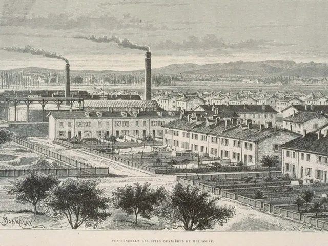 The image shows an old black and white drawing of a city with buildings, trees, plants, grass,...