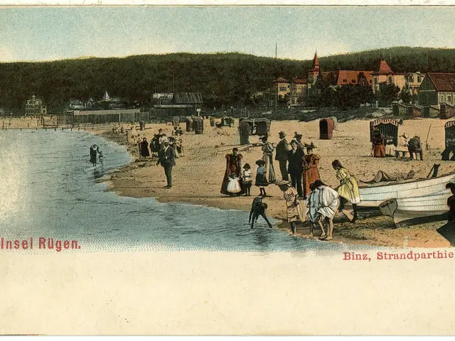 The image shows an old postcard of people on the beach in Insel Rügen, Germany. We can see a group...