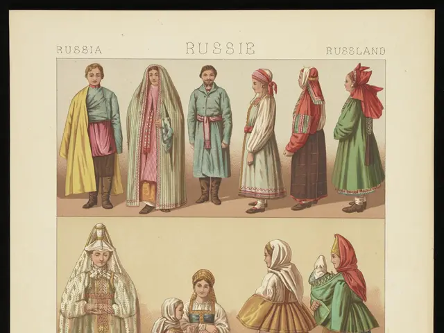 The image shows a group of people wearing traditional Russian clothing, with a photo frame...