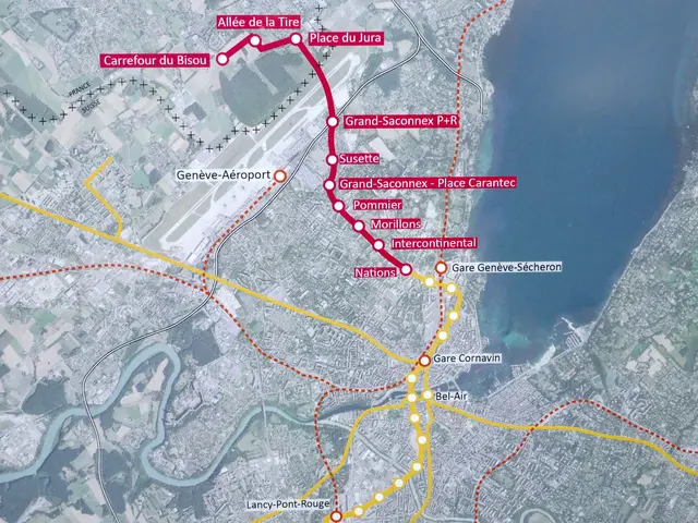 The image shows an aerial view of a city with a map of the proposed route for the Paris-Nice metro...