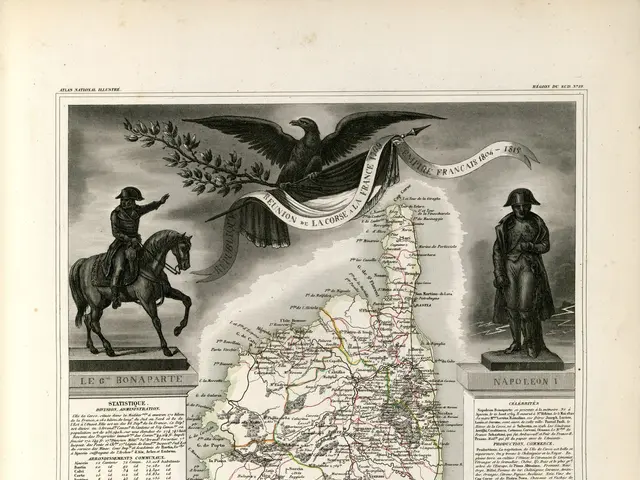 The image shows an old book with a map of France on it, featuring pictures of people, animals, and...