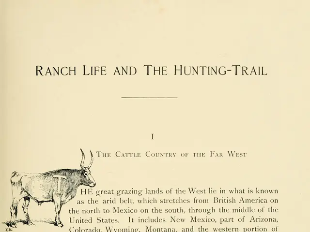 The image shows an open book with a drawing of a cow on it and the words "Ranch Life and the...