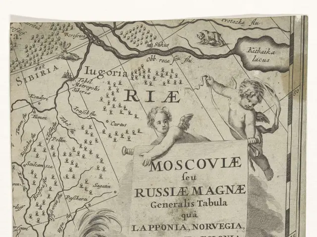 The image shows a poster with a map of Russia and a picture of a man and a woman on it. The map is...
