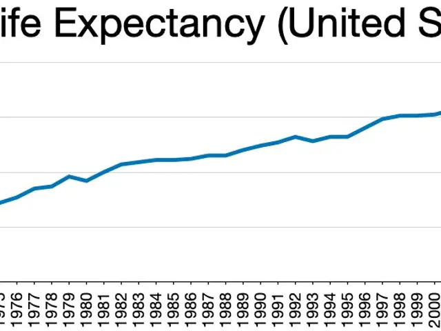 The image shows a blue line graph on a white background with the words "Life Expectancy United...