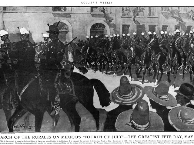 The image shows a black and white picture of a group of people wearing hats and riding horses, with...