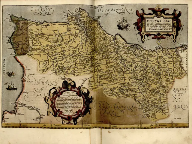 The image shows an open book with a map of Portugal from the 16th century. The map is detailed and...