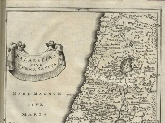 The image shows an old book with a map of the Middle East on it. The map is detailed and shows the...