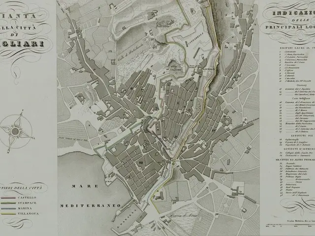 The image shows an old map of the city of Cagliari, Italy. It is a detailed map with text written...