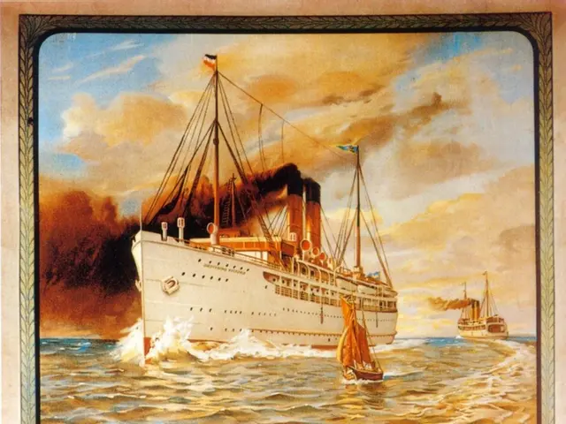 The image shows a poster advertising a cruise ship in the water, with a few other boats in the...