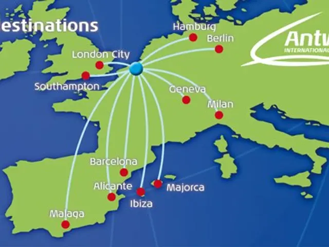 The image shows a map of Europe with the Antwerp International Airport highlighted, indicating the...