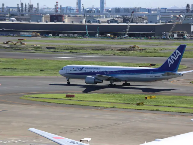 The image shows an ANA Boeing 787-9 Dreamliner taking off from Tokyo Narita International Airport....