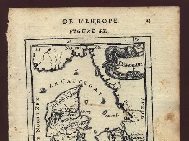 The image shows an old book with a map of Europe on it, set against a dark background. The map is...
