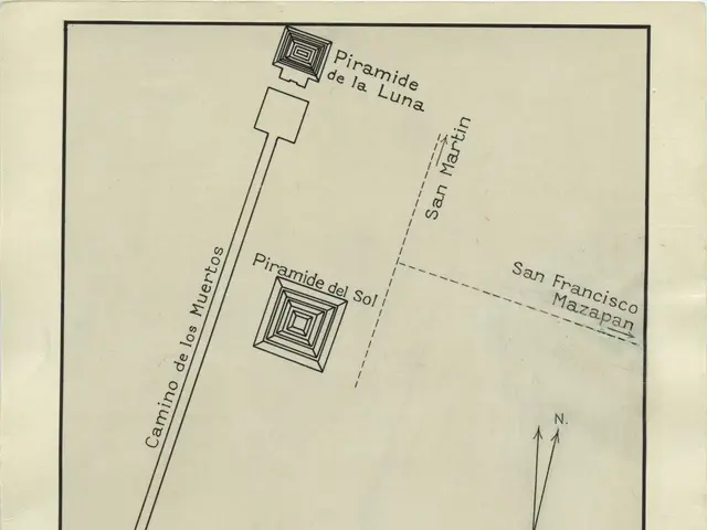 The image shows a paper with a drawing of a map of Teotihuacan, Mexico, with text written on it....