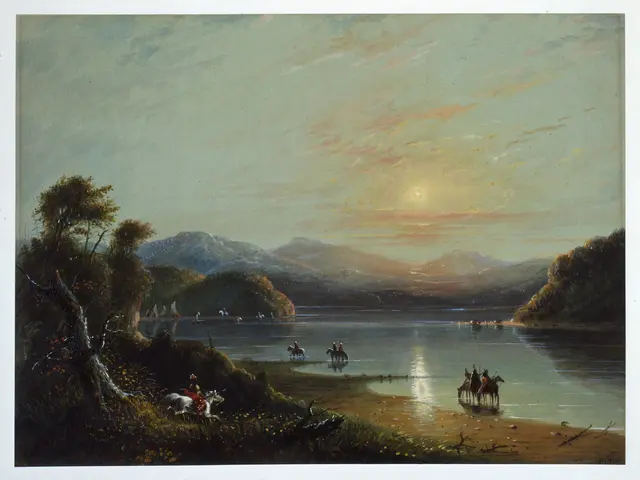 The image shows a painting of a lake with a group of people on horseback in the foreground,...