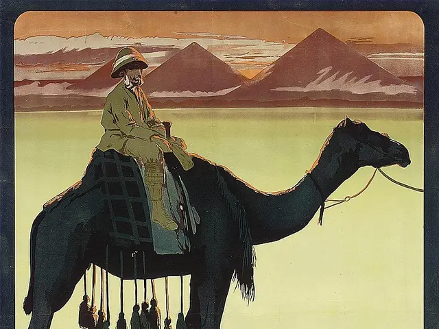 The image shows a poster advertising the National Hotel Cairo in Egypt. It features a person...