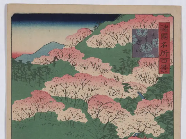 The image shows a Japanese woodblock print of cherry blossoms in full bloom, with a waterfall...
