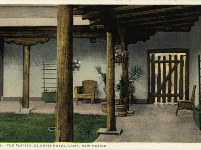 The image shows an old postcard of the Placita El Ortiz Hotel in New Mexico. It features a porch...