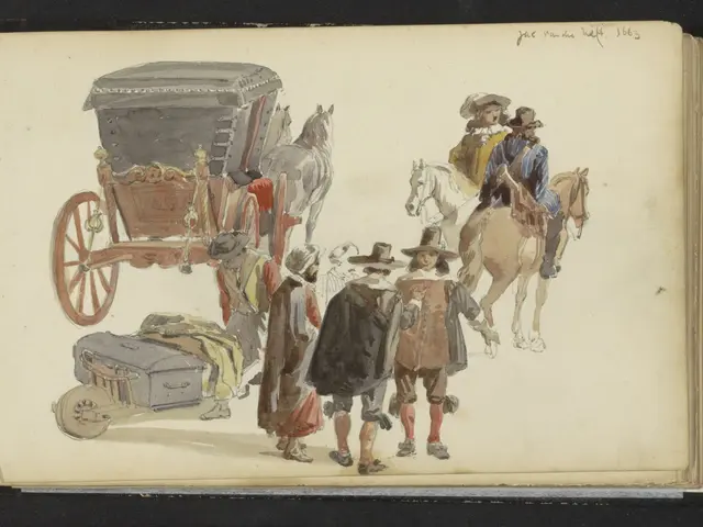 The image shows a group of people standing around a horse-drawn carriage, with some of them sitting...