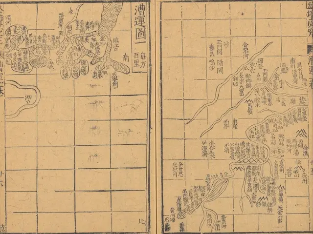 The image shows an open book with Chinese writing on it, depicting a map of the city of Shanghai....