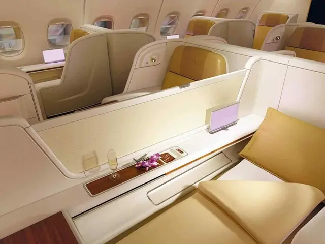 The image shows the interior of a Singapore Airlines A380 Business Class cabin, with comfortable...
