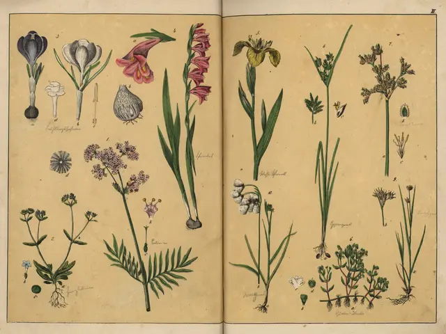 The image shows an open book with a variety of plants and flowers drawn on it. The book is filled...
