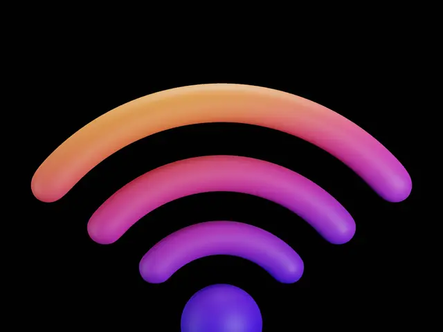 The image shows a colorful wifi icon on a white background, with a purple sphere in the center.