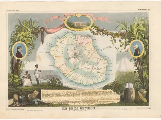 The image shows a map of the island of St. Lucia, with pictures of people, trees, plants, grass,...