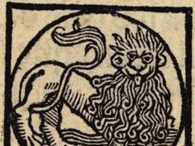 The image shows a black and white drawing of a lion in a circle, which is believed to be a...
