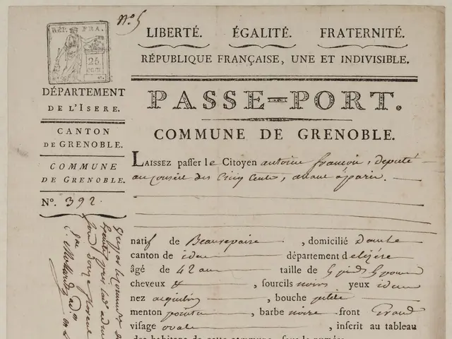 The image shows an old document with a stamp on it, which appears to be a passport with some text...