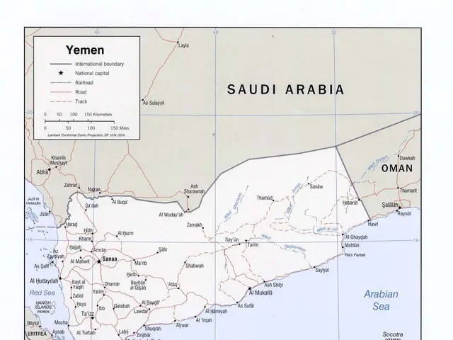 The image shows a poster with a map of Yemen and Saudi Arabia. The map is detailed and shows the...