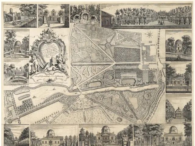 The image shows a poster with a map of the city of London, England, featuring a variety of...