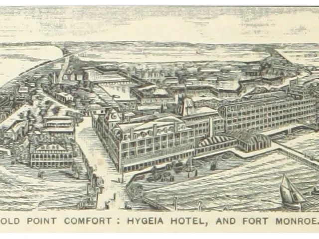 The image shows an old point comfort hotel and fort monroe, with buildings, boats, and water...