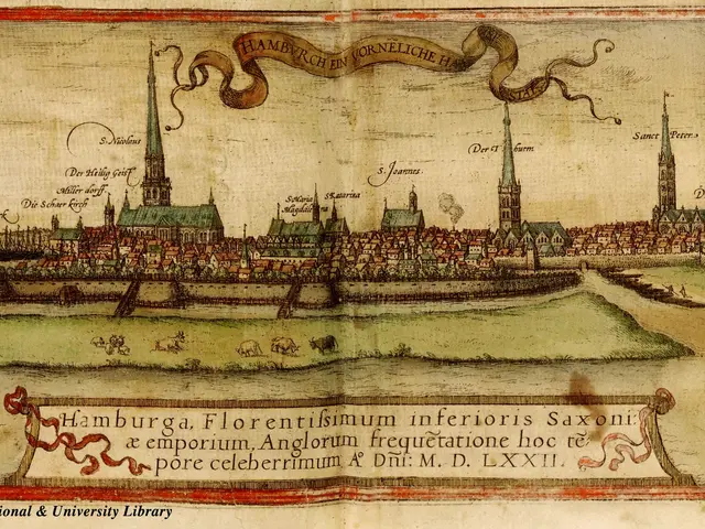 The image shows an old map of Hamburg, Germany, with boats in the water and buildings in the...
