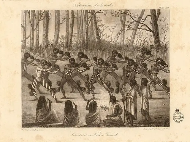 The image shows an engraving of a group of people dancing in the woods, with trees in the...