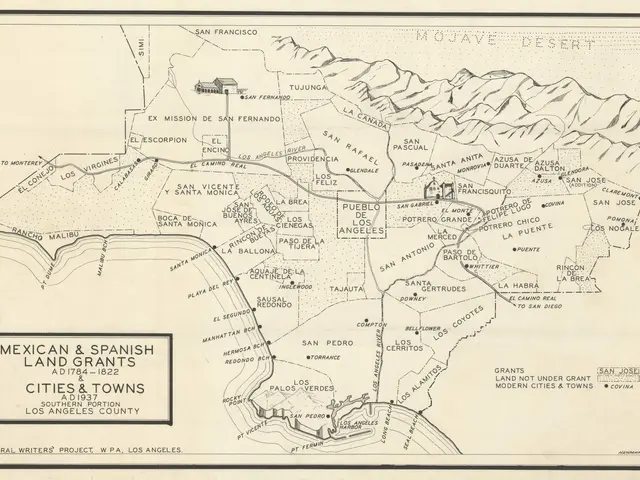 The image shows a poster with a map of Mexico and Spanish land grants cities and towns. The map is...