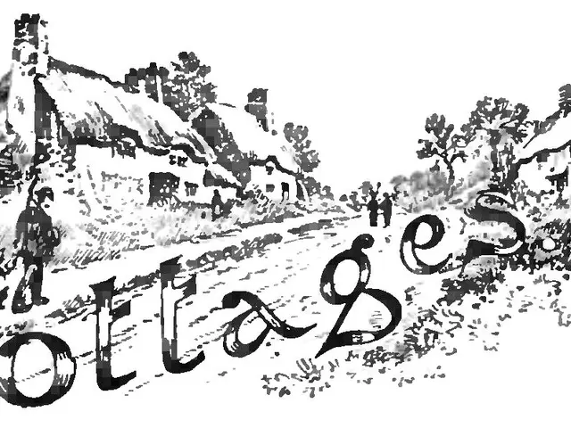 The image shows a black and white drawing of cottages with the word "Cottages" written in the...