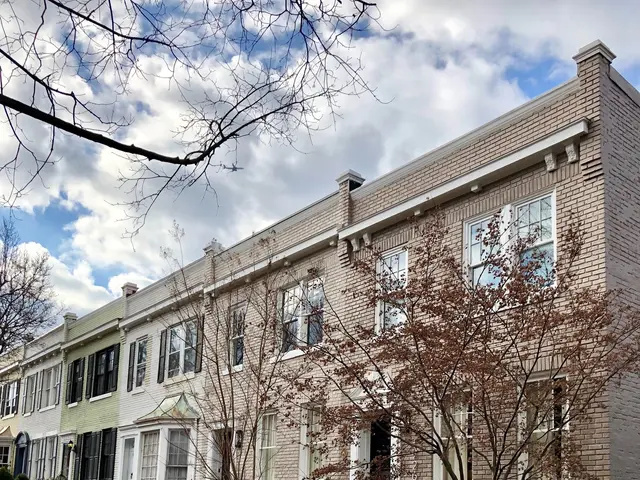 The image shows a row of townhouses in a residential neighborhood with a tree in front of them. The...