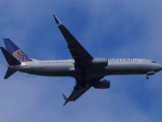 The image shows a United Airlines Boeing 737-800 in flight, with its wings spread wide and its...